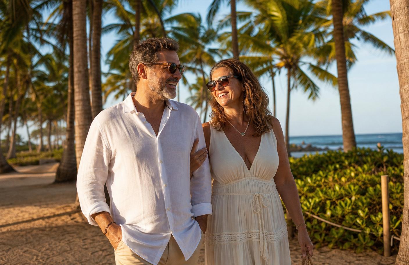 Casal feliz caminhando pelo coqueiral de Maracaípe, Porto de Galinhas