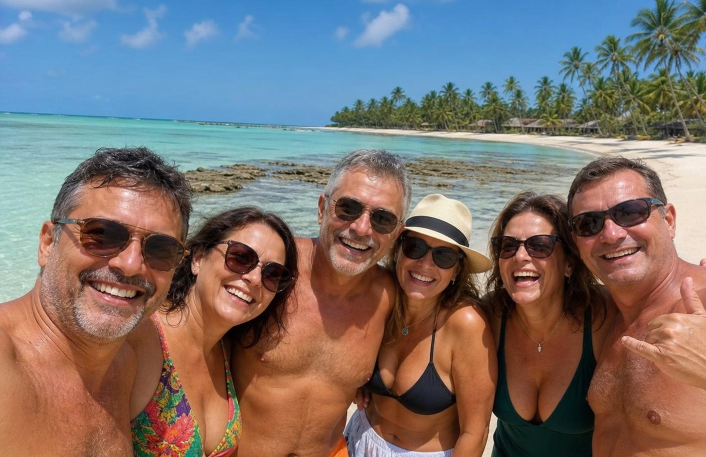 Grupo de viajantes sorrindo na praia de São Miguel dos Milagres
